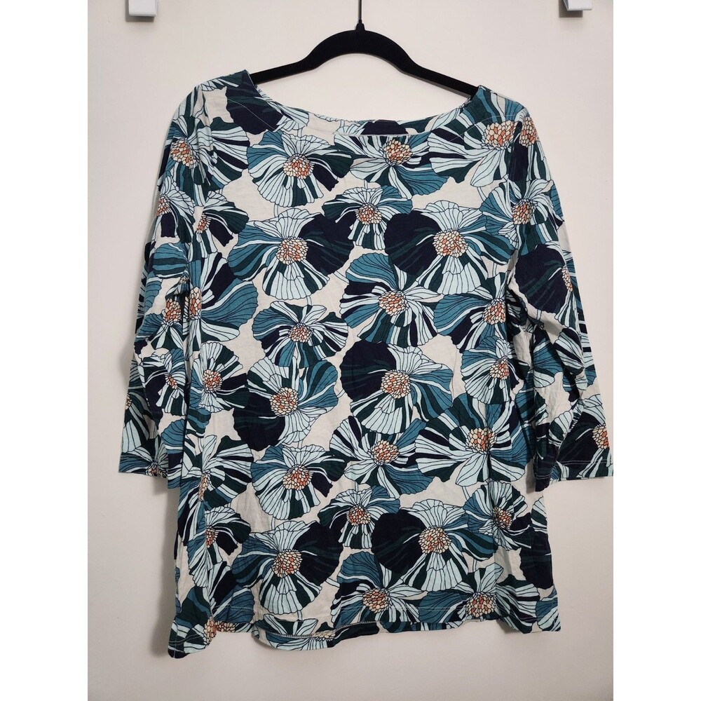 LOFT Womens Sz L Boat Neck 3/4 Sleeve Blue Floral Tunic Top 100% Cotton Casual